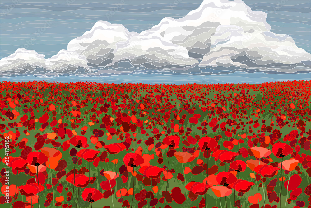 Bright poppy field with clouds and blue sky vector illustration