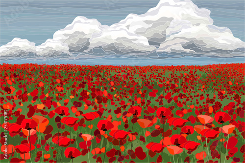 Bright poppy field with clouds and blue sky vector illustration