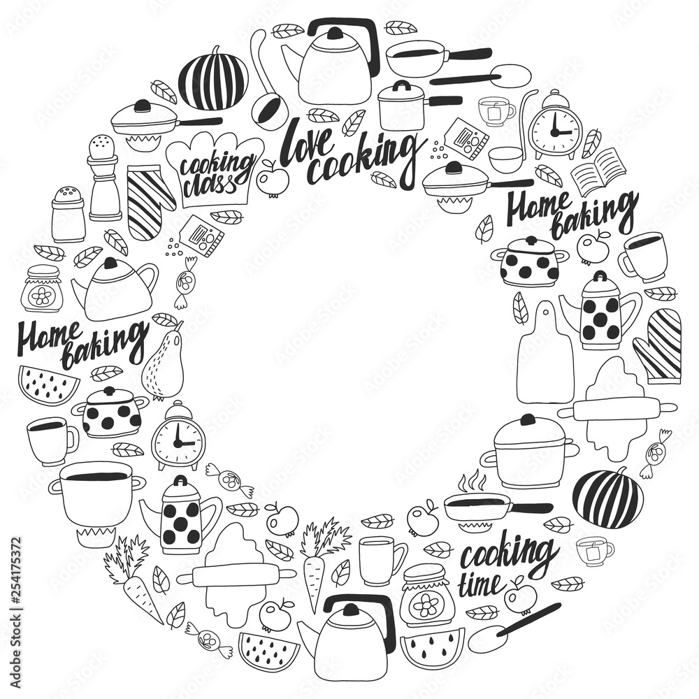 Vector set of children's kitchen and cooking drawings icons in doodle style. Painted, black monochrome, pictures on a piece of paper on white background. Vector set of children's kitchen and cooking drawings icons in doodle style. Painted, black monochrome, pictures on a piece of paper on white background.