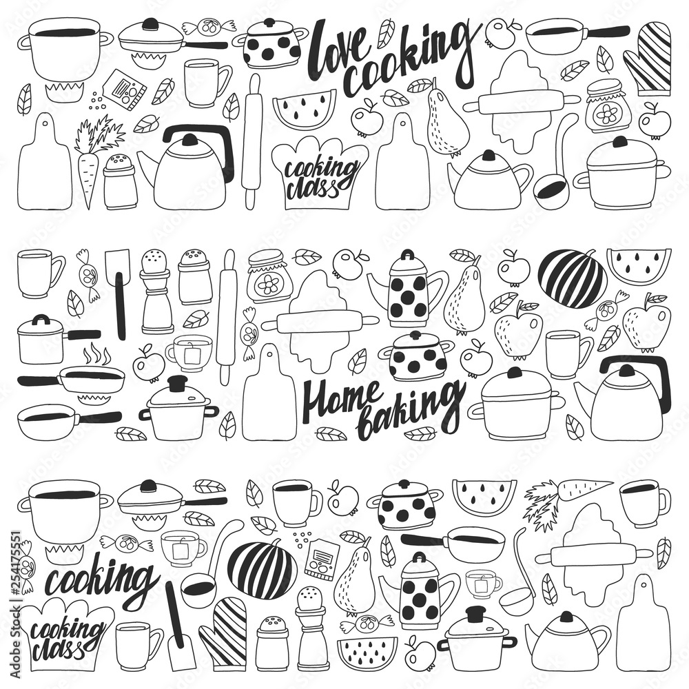 Vector set of children's kitchen and cooking drawings icons in doodle style. Painted, black monochrome, pictures on a piece of paper on white background. Vector set of children's kitchen and cooking drawings icons in doodle style. Painted, black monochrome, pictures on a piece of paper on white background.