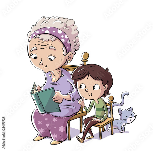 abuela con niño y gato leyendo un libro photo