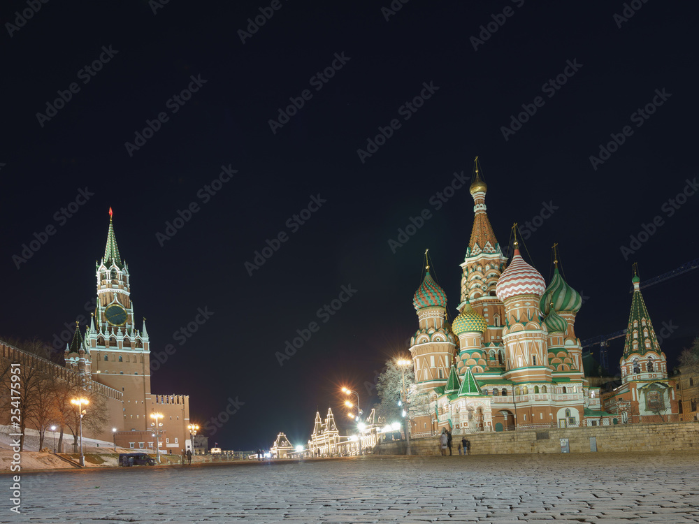 Image of Kremlin wall, Spasskaya tower and St. Basil's Cathedral. Long exposure image.