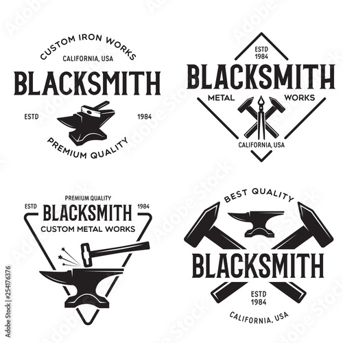 Blacksmith labels set. Design elements for metalworks service emblems, badges, logos. Monochrome seal collection.