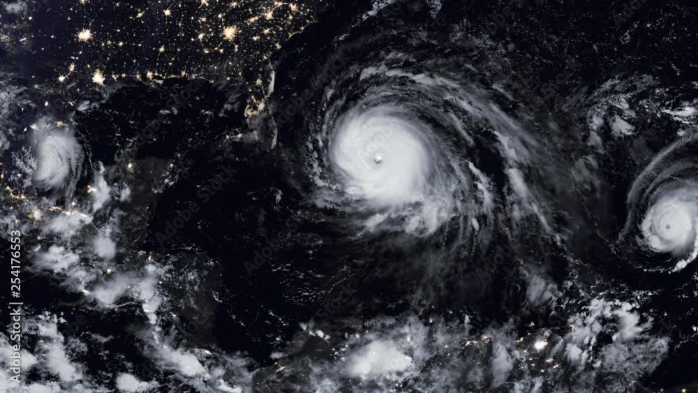 Line of hurricanes satellite aerial view on earth. Contains public domain image by Nasa