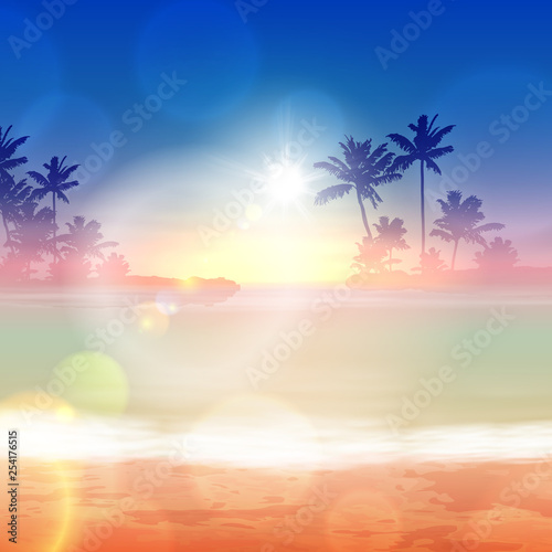 Background with sea and palm trees. Sunset time. © hamara