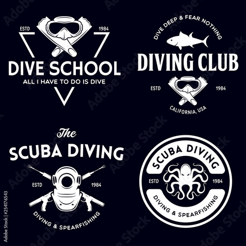 Set of Scuba diving club and diving school design. Concept for shirt or logo, print, stamp or tee. Vintage typography design with diving gear silhouette