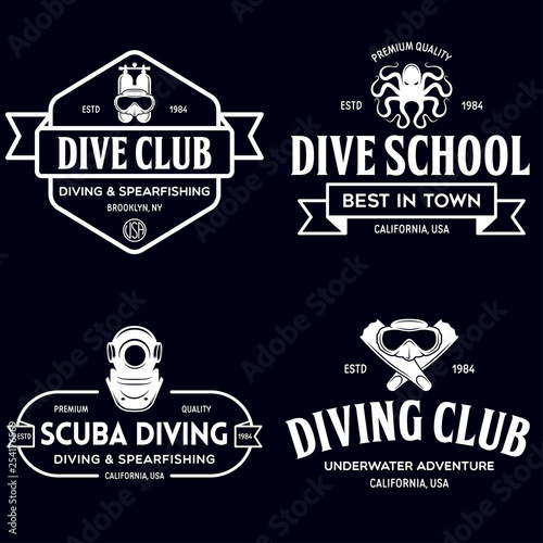 Set of Scuba diving club and diving school design. Concept for shirt or logo, print, stamp or tee. Vintage typography design with diving gear silhouette