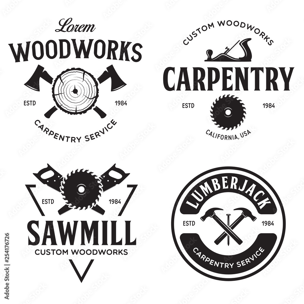 Fototapeta premium Woodwork badges. Set of carpentry, woodworkers, lumberjack, sawmill service monochrome vector labels, emblems and logos.