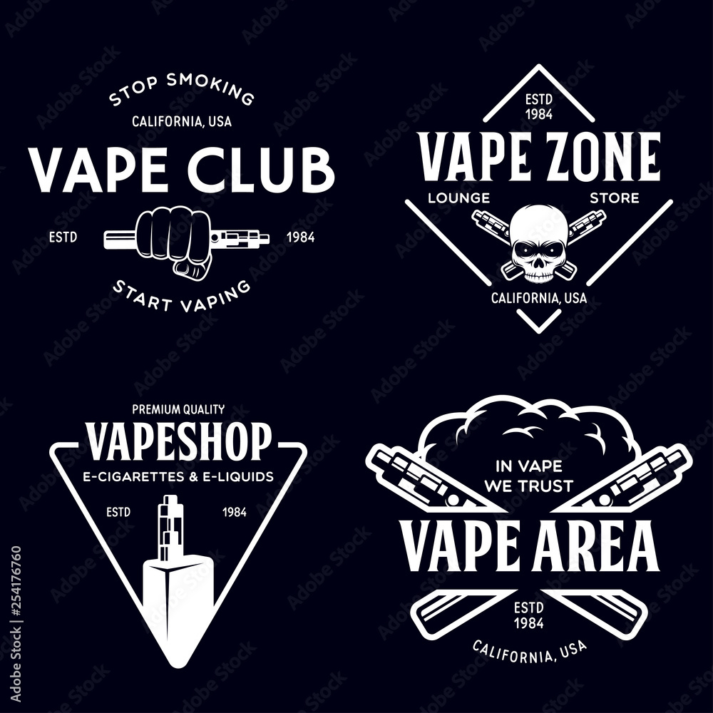 Vape shop labels emblems badges set. Vaping related typography collection. Trendy design elements for t-shirt prints and advertising.