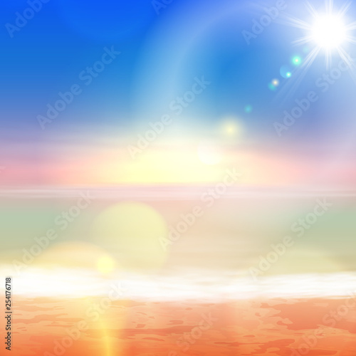 Beach and tropical sea with bright sun.