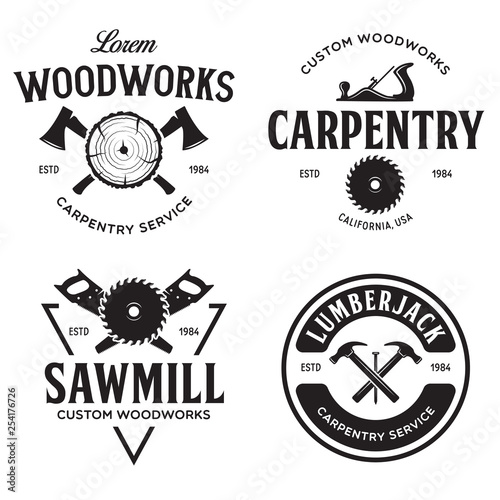 Woodwork badges. Set of carpentry, woodworkers, lumberjack, sawmill service monochrome vector labels, emblems and logos.