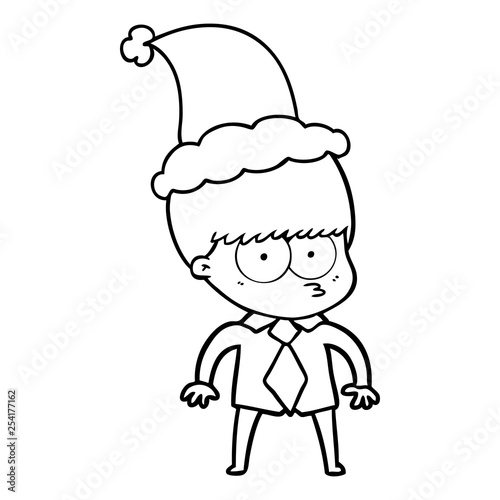 nervous line drawing of a boy wearing shirt and tie wearing santa hat