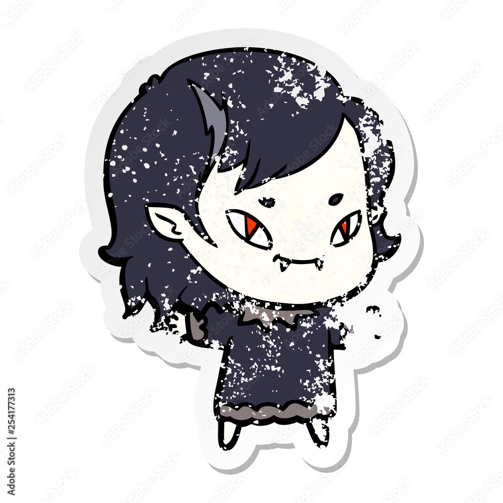 distressed sticker of a cartoon friendly vampire girl distressed sticker of a cartoon friendly vampire girl