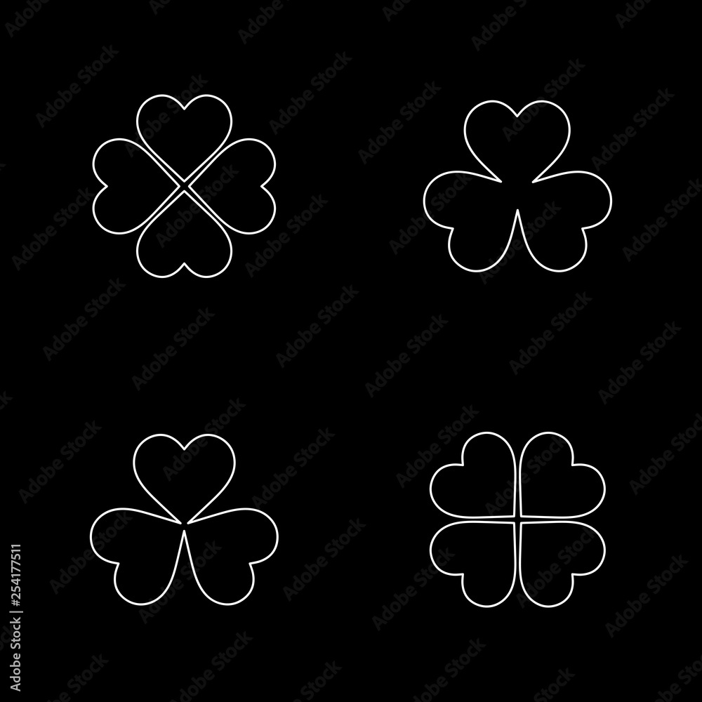 Flat line monochrome clover leaf silhouette set for web sites and apps. Minimal simple black and white clover leaf silhouette set. Isolated vector white clover leaf silhouette set on black background. Flat line monochrome clover leaf silhouette set for web sites and apps. Minimal simple black and white clover leaf silhouette set. Isolated vector white clover leaf silhouette set on black background.