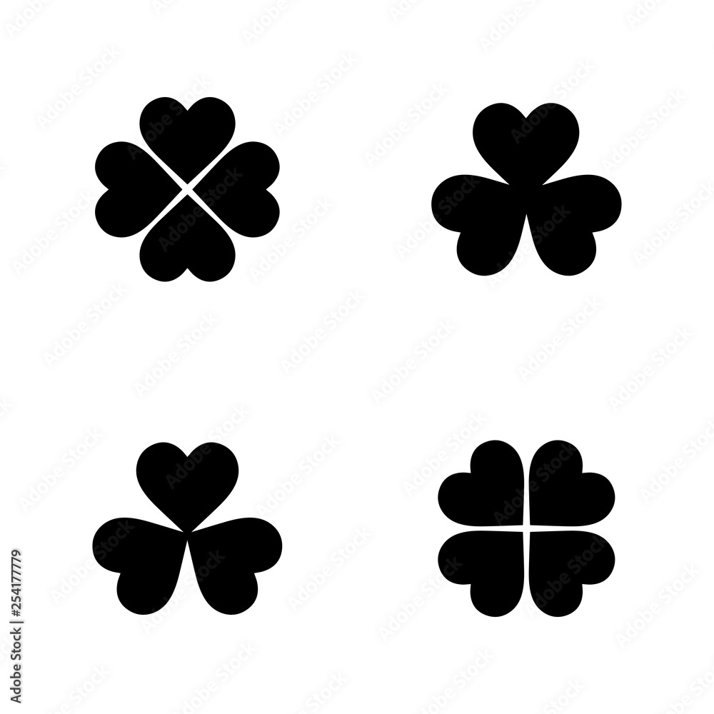 Flat monochrome clover leaf icon set for web sites and apps. Minimal simple black and white clover leaf icon set. Isolated vector black clover leaf icon set on white background. Flat monochrome clover leaf icon set for web sites and apps. Minimal simple black and white clover leaf icon set. Isolated vector black clover leaf icon set on white background.
