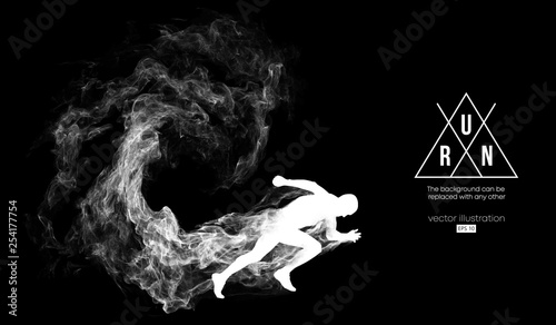 Abstract silhouette of a running athlete man on the dark, black background from particles, dust, smoke. Athlete runs sprint and marathon. Background can be changed to any other. Vector illustration