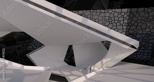 Abstract white and black interior multilevel public space with window. 3D illustration and rendering.