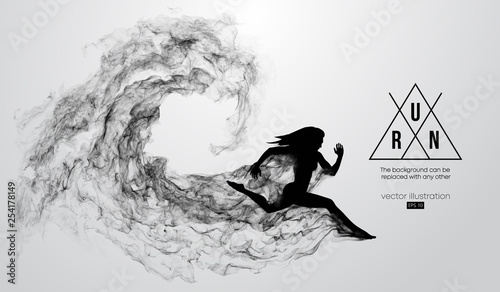Abstract silhouette of a running athlete girl, woman on the white background from particles, dust, smoke. Athlete runs sprint and marathon. Background can be changed to any other. Vector illustration