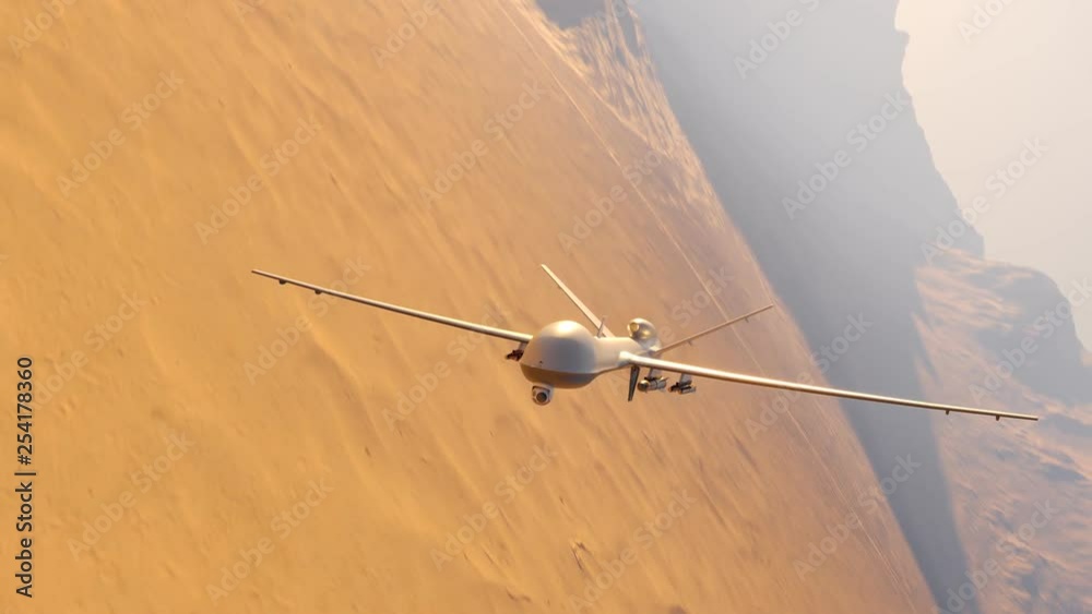 Armed military drone (UAV) flying smoothly over a vast desert shooting missiles.