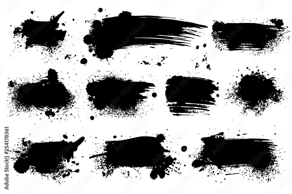 Ink splashes. Black inked splatter dirt stain splattered spray splash with drops blots isolated vector grunge set