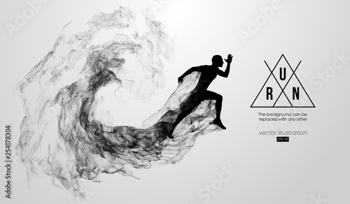 Abstract silhouette of a running athlete man on the white background from particles, dust, smoke. Athlete runs sprint and marathon. Background can be changed to any other. Vector illustration