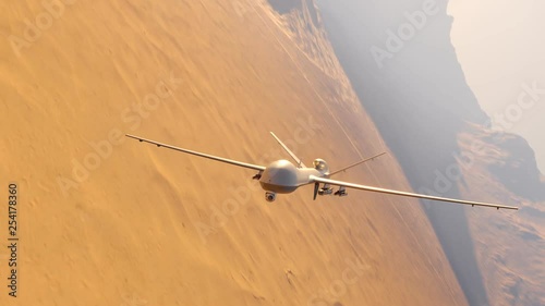 Armed military drone (UAV) flying smoothly over a vast desert shooting missiles.