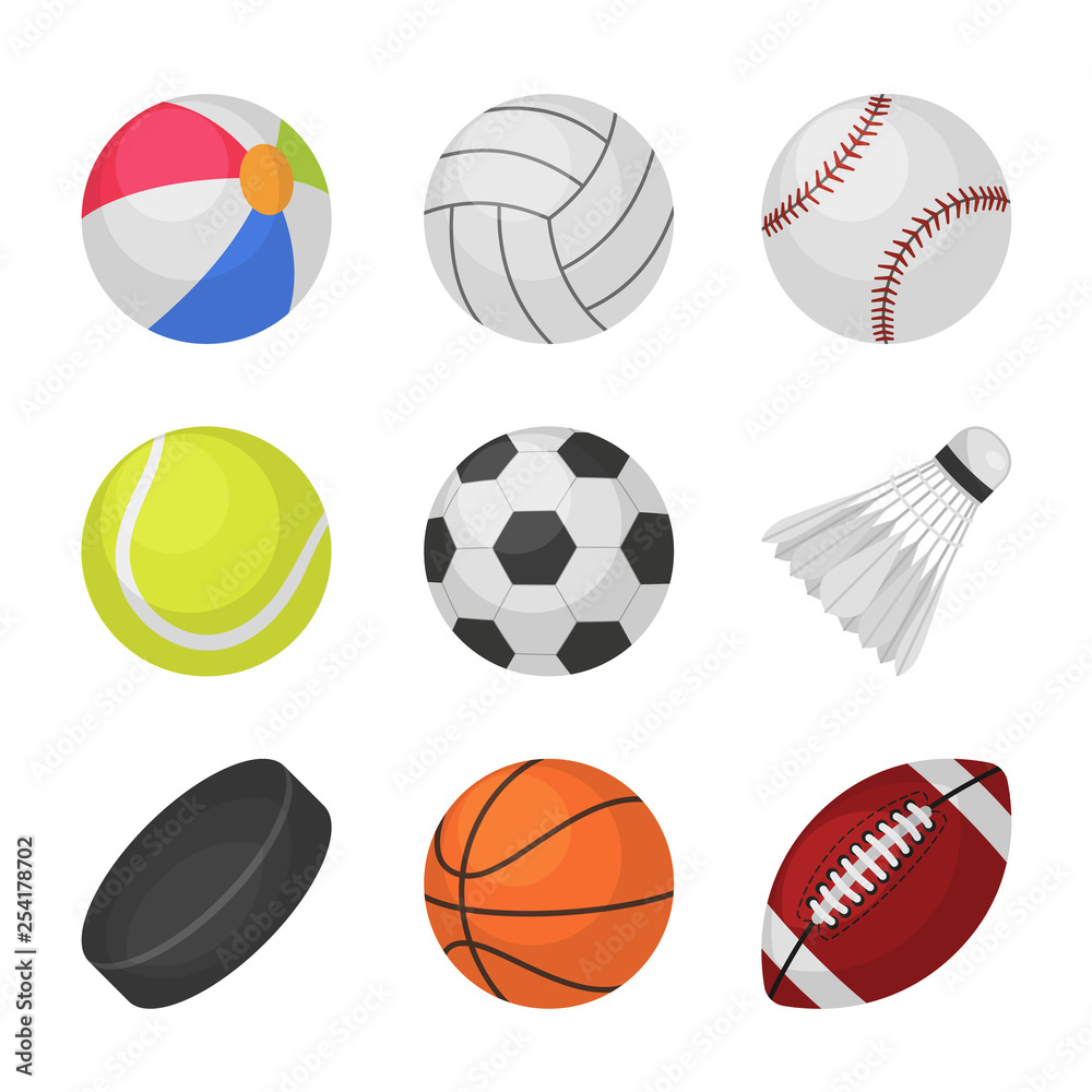 Ball games. Sports kids ball volleyball baseball tennis football soccer bambinton hockey basketball rugby balls vector