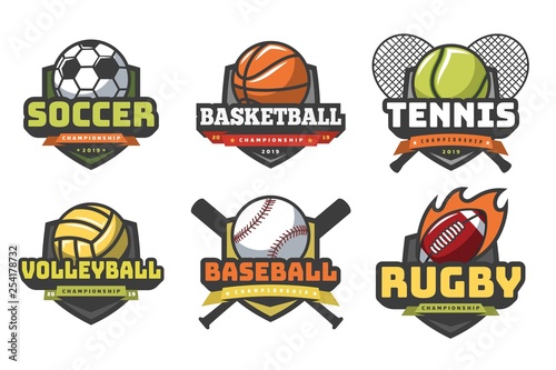 Sports balls logos. Sport logo ball soccer basketball volleyball football rugby tennis baseball badge team club emblems