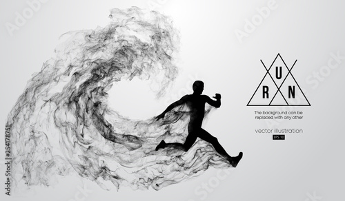 Abstract silhouette of a running athlete man on the white background from particles, dust, smoke. Athlete runs sprint and marathon. Background can be changed to any other. Vector illustration
