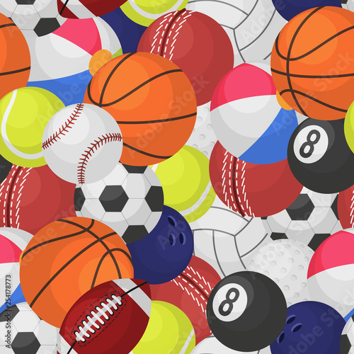 Sport ball seamless pattern. Sporting equipment balls texture game baseball football basketball tennis rugby cartoon