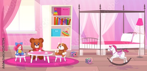 Bed room girl. Child bedroom interior girls apartment toys girly storage decor furniture kid playroom flat cartoon