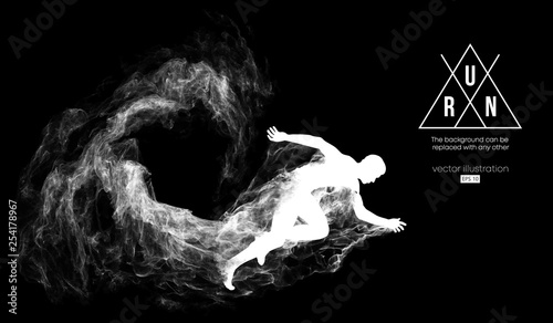 Abstract silhouette of a running athlete man on the dark, black background from particles, dust, smoke. Athlete runs sprint and marathon. Background can be changed to any other. Vector illustration