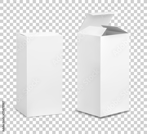 Empty tall box. Cardboard cosmetic boxes rectangular blank package with shadows medicine product vertical packaging