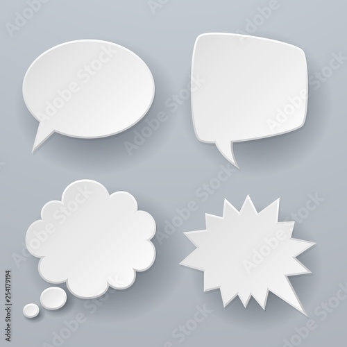 Paper speech bubbles. White origami 3d retro clouds thought chat or dialogue text message balloon vector concept