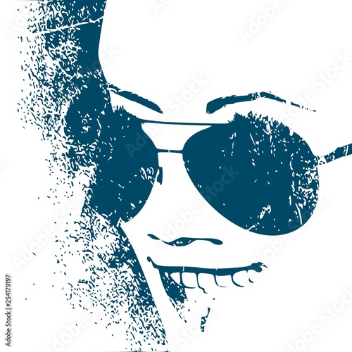 Portrait of surprised woman with open mouth in black sunglasses. Grunge texture