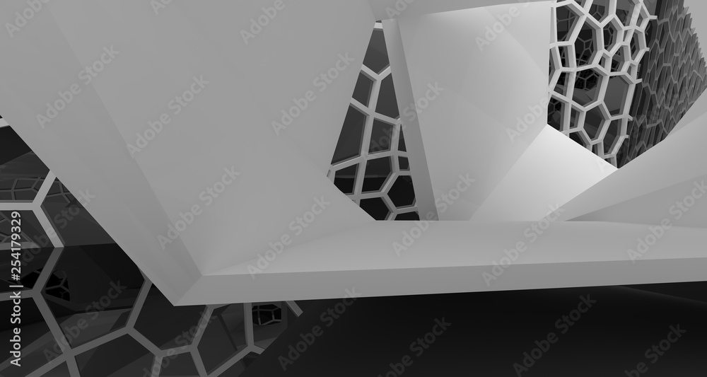 Abstract white and black interior multilevel public space with window. 3D illustration and rendering.
