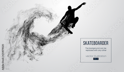 Abstract silhouette of a skateboarder on the white background from particles, dust, smoke, steam. Skateboarder jumps and performs the trick. Background can be changed to any other. Vector illustration