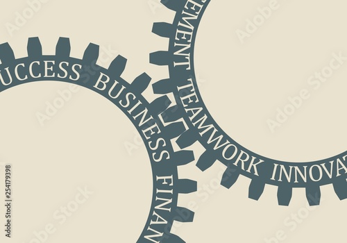Business relative words on the mechanism of gears. Communication concept in industrial design.