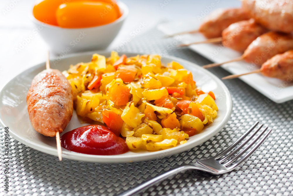 Stewed vegetables with turmeric and cumin and turkey kebab Stewed vegetables with turmeric and cumin and turkey kebab