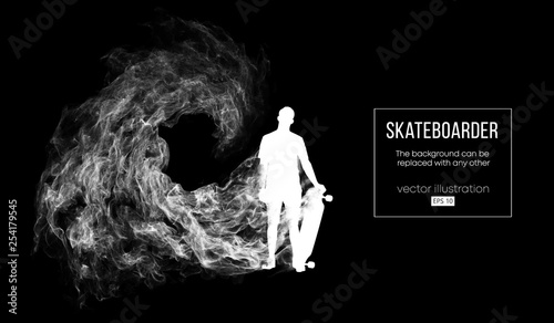 Abstract silhouette of a skateboarder on the dark black background from particles, dust, smoke. Skateboarder jumps and performs the trick. Background can be changed to any other. Vector illustration