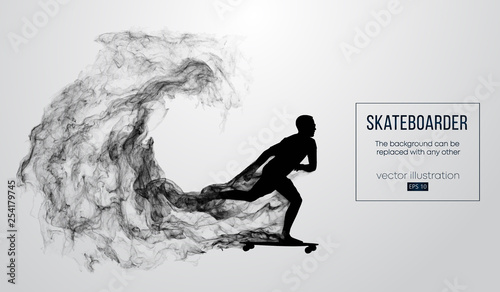 Abstract silhouette of a skateboarder on the white background from particles, dust, smoke, steam. Skateboarder jumps and performs the trick. Background can be changed to any other. Vector illustration