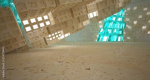 Abstract  concrete and coquina parametric interior  with neon lighting. 3D illustration and rendering.