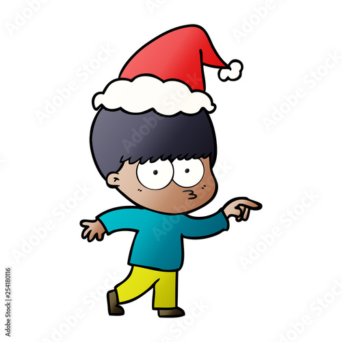 nervous gradient cartoon of a boy wearing santa hat