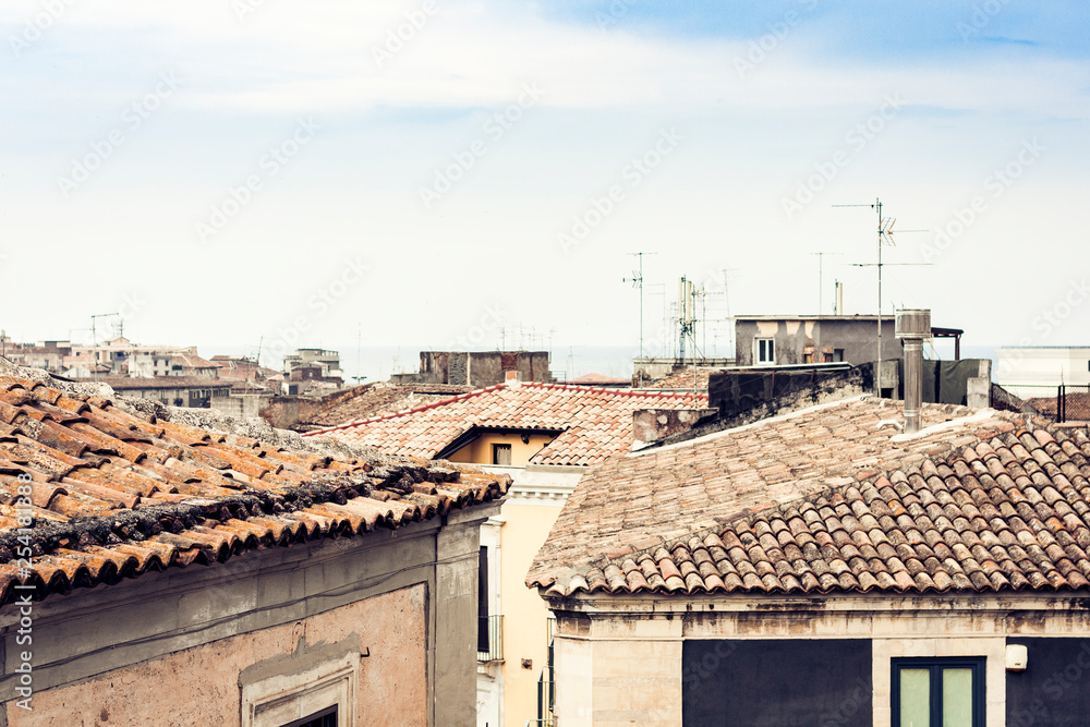 Catania rooftops, aerial cityscape, travel to Sicily, Italyю
