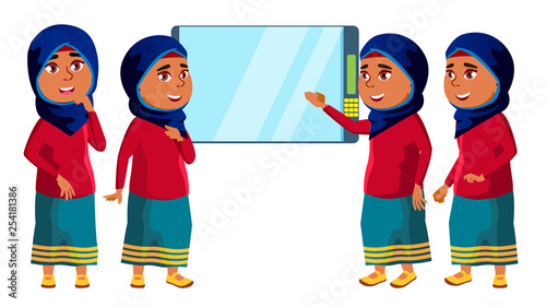 Arab, Muslim Girl Kid Poses Set Vector. High School Child. Life, Emotional, Pose. For Presentation, Print, Invitation Design. Isolated Cartoon Illustration
