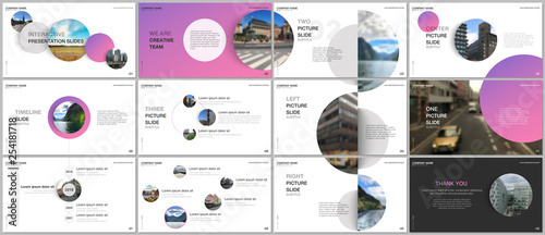 Minimal presentations design, portfolio vector templates with pink colorful circle elements on white background. Multipurpose template for presentation slide, flyer leaflet, brochure cover, report.