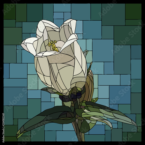 Vector stained glass window with blooming bellflower.