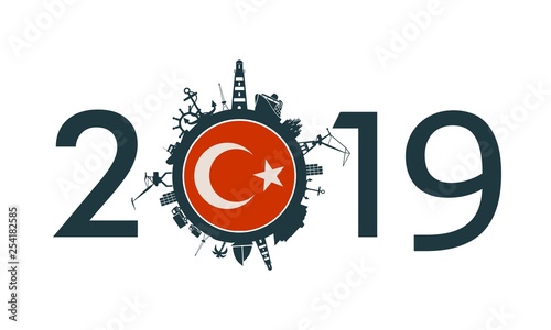 Circle with sea shipping and travel relative silhouettes. Objects located around the circle. Industrial design background. 2019 year number. Flag of the Turkey