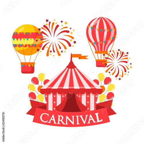 Festive mood. Carnival title with colorful elements. Amusement park