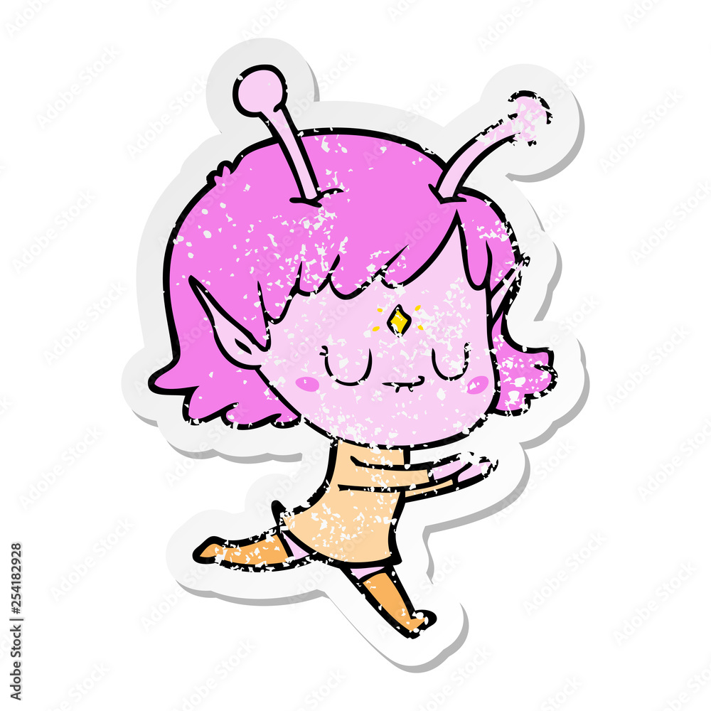 distressed sticker of a cartoon alien girl distressed sticker of a cartoon alien girl